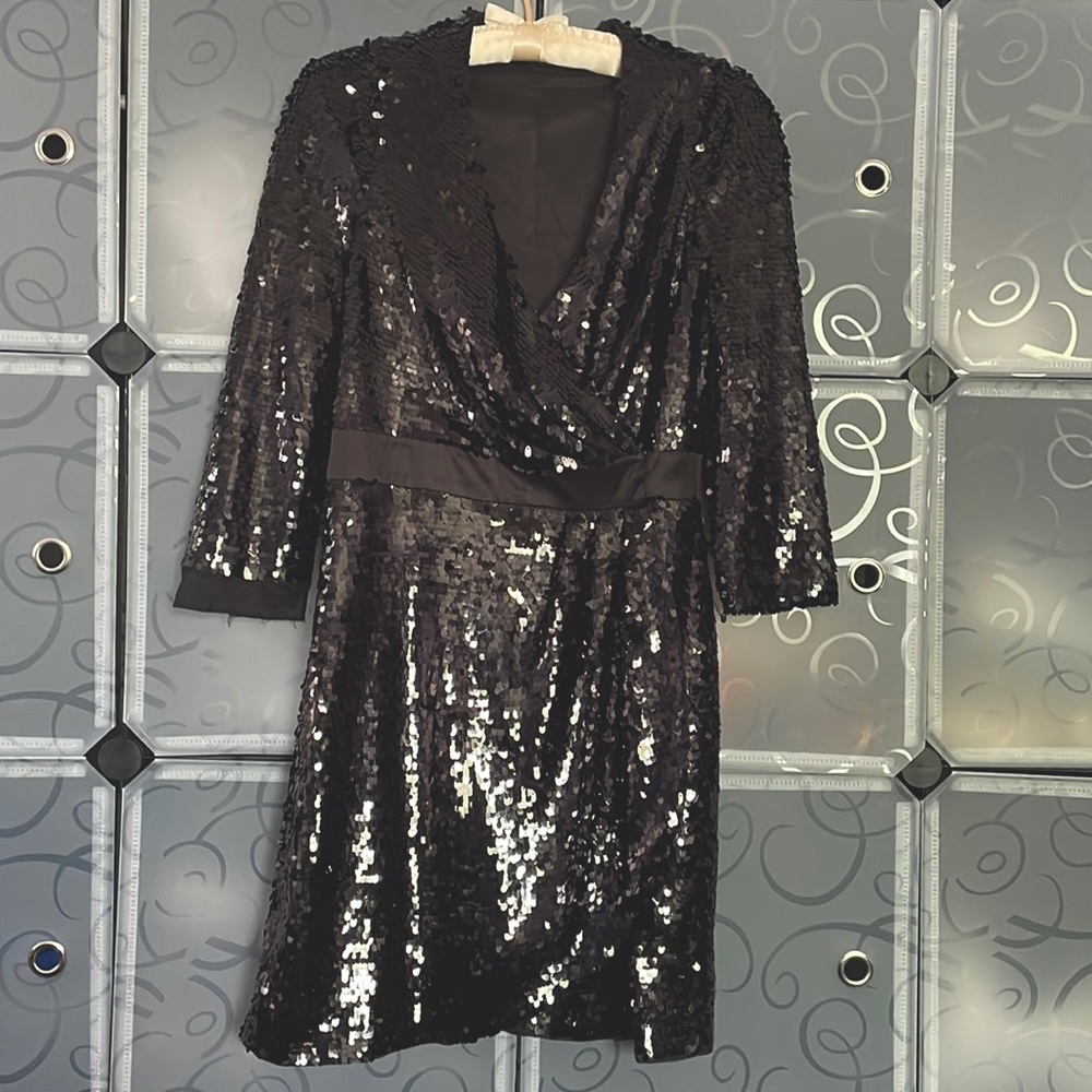 RACHEL ZOE Black Sequined Mini Wrap Dress, Size 6.
